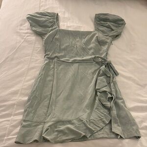 Sage Green Puff Sleeve Wrap Mini Dress with Ruffle Detail